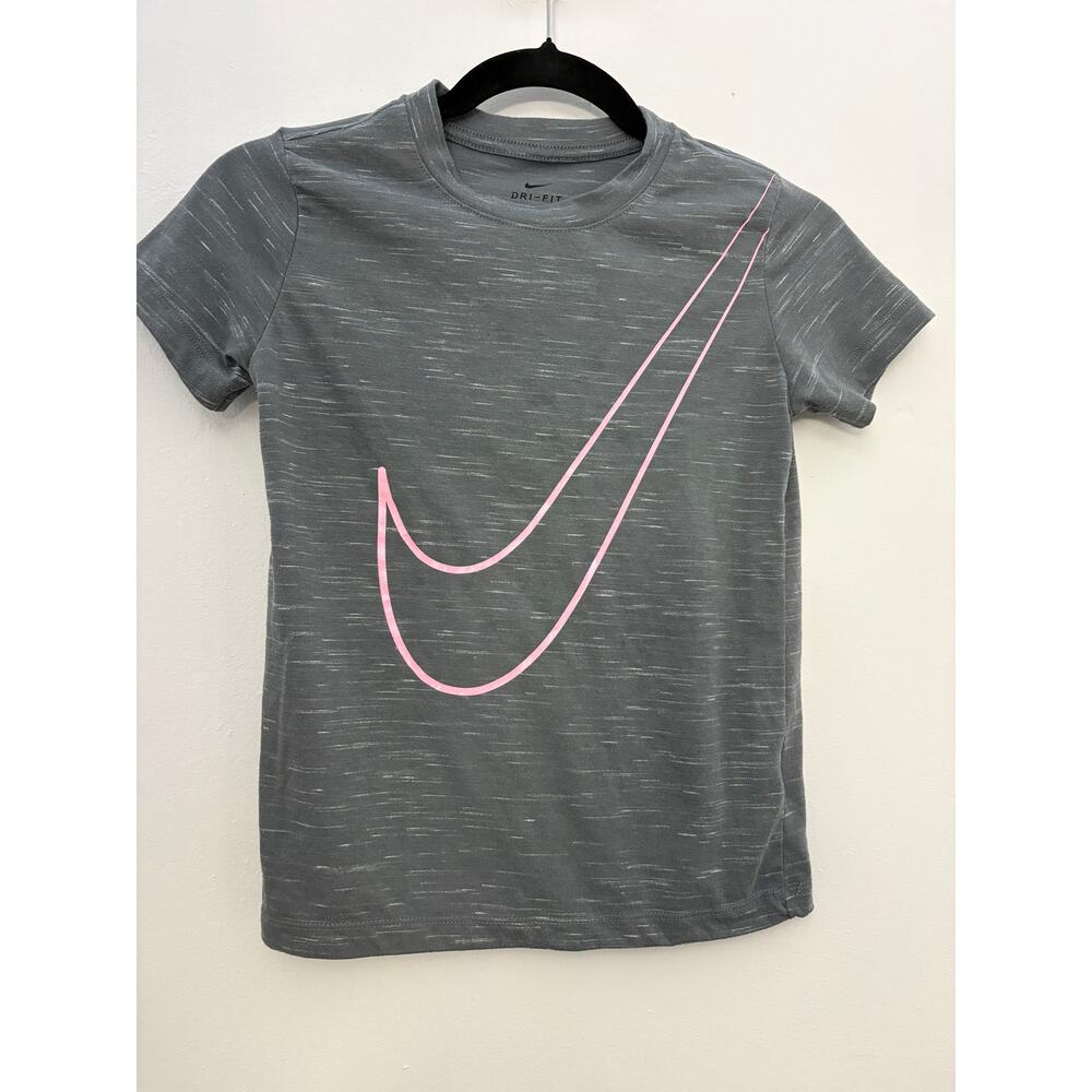 Nike Dri-Fit Gray Pink Swoosh T-Shirt Size M Athletic Girls EUC